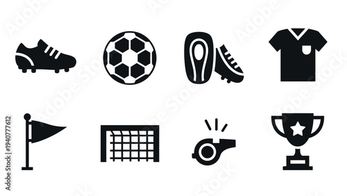 Soccer equipment icons: shoes, ball, jersey, goal, whistle, trophy