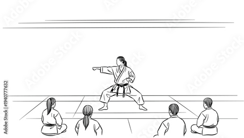 Martial arts training session in linear style dojo setting with karate class