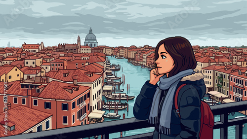 Young woman enjoying scenic view of venice canal and historic cityscape