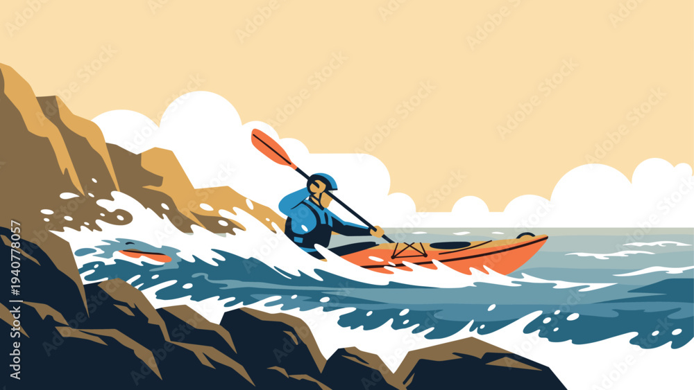 Fototapeta premium Dynamic kayaking adventure in rough seas with bold flat design