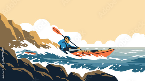 Dynamic kayaking adventure in rough seas with bold flat design