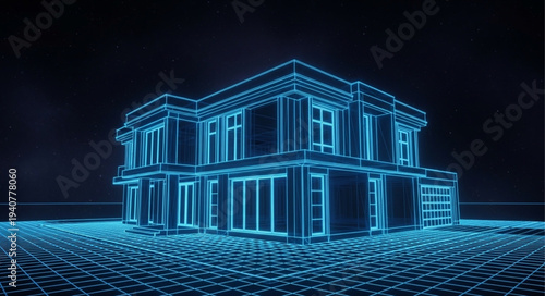 Futuristic glowing blueprint of a modern house on a digital landscape.