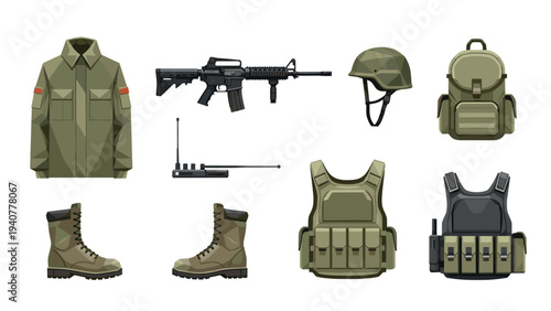 Military equipment set featuring tactical gear, helmet, and backpack in flat style