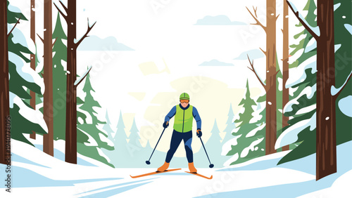 Winter adventure: cross-country skiing through snowy forest