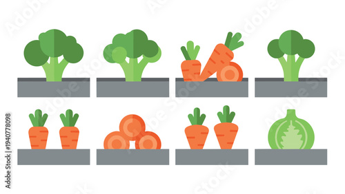 Flat design vegetable icons: broccoli, carrots, cabbage collection for healthy eating concepts