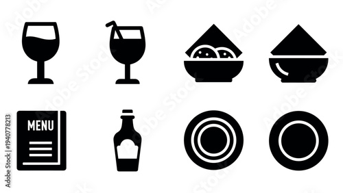 Restaurant icon set: drinks, food, menu, and tableware symbols in silhouette style