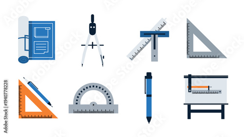 Architectural tools set: blueprint, compass, ruler, protractor, triangle in flat design