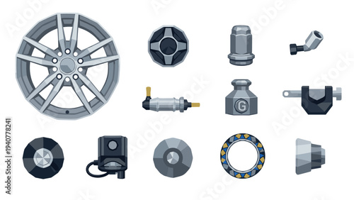 Auto parts icons set featuring wheel hub, spark plug, and bearings in flat design