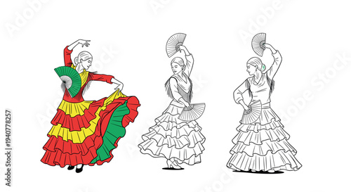 Flamenco dancer trio: colorful, outline, and sketch styles capturing grace and movement