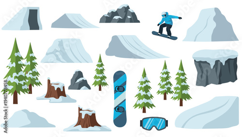 Winter sports elements: snowboarding, mountains, and evergreen trees