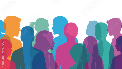 Colorful silhouette crowd in profile view against white background