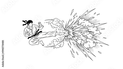 Dynamic martial artist in action with explosive energy burst in black and white line art
