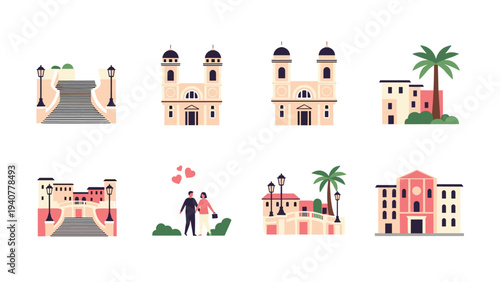Minimalist cityscape with romantic elements and historic buildings