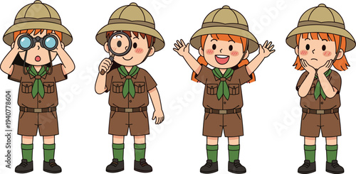 Set of cute boy and girl scout characters in safari uniform, collection of young explorers with binoculars and magnifying glass cartoon vector illustration