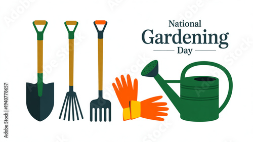 National gardening day illustration with gardening tools and accessories on white background