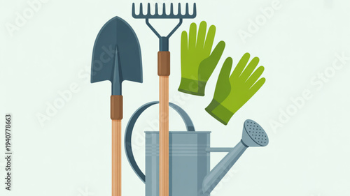 Gardening tools and equipment for yard work and plant care including gloves shovel rake and watering can on a light green background