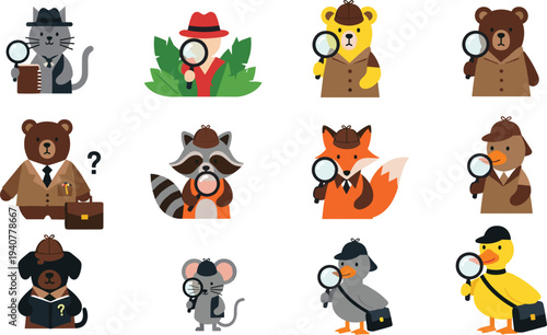 Set of cute detective animal characters, collection of funny wild creatures and pets with magnifying glasses and investigator hats cartoon vector illustration
