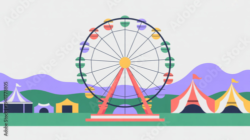 Vibrant carnival scene with colorful ferris wheel and tents against rolling hills and mountains under a bright sky