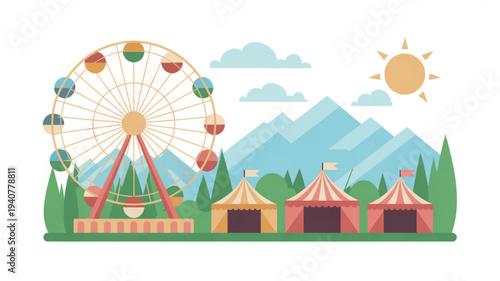 Vibrant carnival scene with ferris wheel and tents set against a mountainous landscape on a sunny day with fluffy clouds