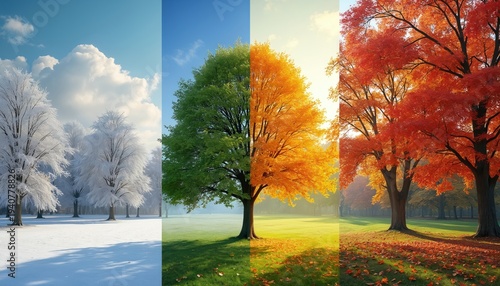 Photo collage shows one location with trees in winter snow, spring green, summer, and autumn fall. Nature transforms over time with changing colors and weather patterns.