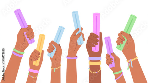 Diverse hands holding colorful tubes in unity symbolizing teamwork cooperation and diversity in a minimalist flat design illustration