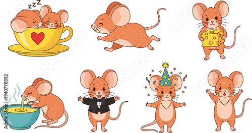 Set of cute little mouse characters, collection of funny baby mice in different poses including sleeping in cup, running, holding cheese and wearing party hat vector illustration