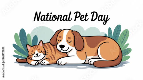 Cuddly cat and dog lying together on national pet day with green leaves and soft lighting