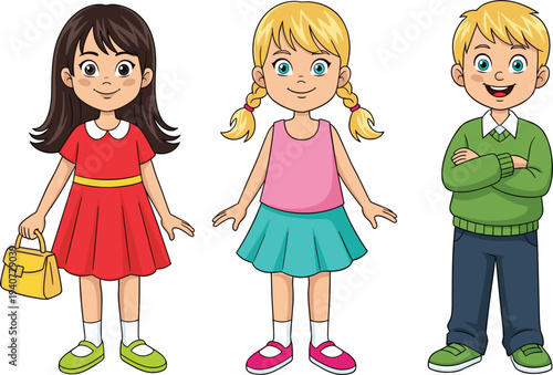 Set of diverse cute children and adult characters, collection of happy young kids and professional leaders in various casual and school outfits cartoon vector illustration