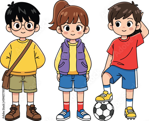 Set of diverse cute children characters in casual clothes, happy young boys and girls with backpack and soccer ball cartoon vector illustration