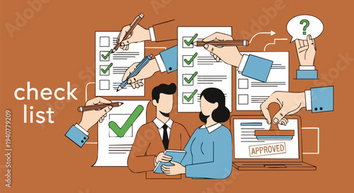 Business people completing checklist tasks for project management and approval process vector illustration with multiple hands marking items and question mark
