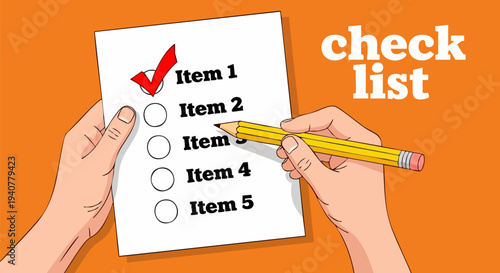 Hand holding a white checklist paper with five items and a red checkmark on 'Item 1', next to a yellow pencil, on an orange background with 'check list' text, vector illustration