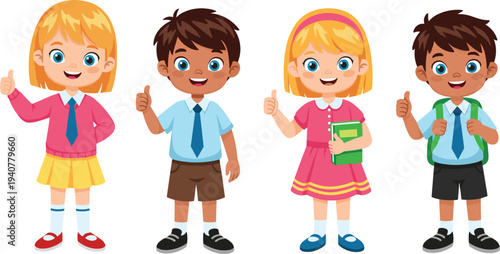 Set of diverse cute children student characters, collection of happy young school kids in uniform with backpacks and books cartoon vector illustration