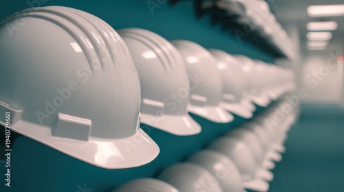 Rows of white safety helmets neatly lined up on shelves in an industrial or construction setting.