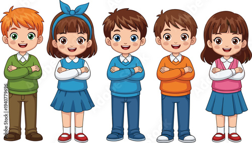 Set of diverse cute children student characters, collection of happy young school kids in various casual and uniform outfits standing and waving cartoon vector illustration