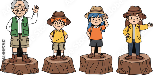 Set of diverse scout and explorer characters, collection of cute children and senior man in safari outfits and hats standing on tree stumps cartoon vector illustration