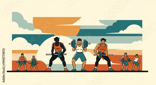 People training with weights in a fitness setting illustration