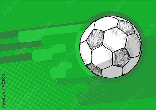 Soccer ball on green background with motion lines, football game vector banner