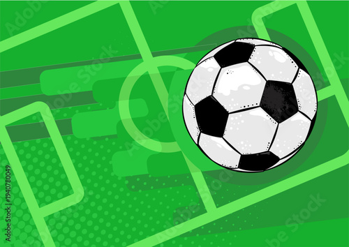 Soccer ball on green field background, football match vector banner