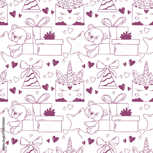 Cute seamless pattern with unicorn cakes, teddy bears, gift boxes. Purple line hand drawn minimalist vector background on white for girls birthday party, wrapping paper, invitation