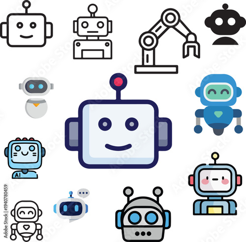 Diverse Robot and Artificial Intelligence Icon Set, Set of Various Robot and Artificial Intelligence Icons Vector Illustration, Minimalist Android Cyborg and Machine Learning Pictograms Isolated