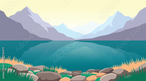 Serene Mountain Lake Reflection at Sunrise.