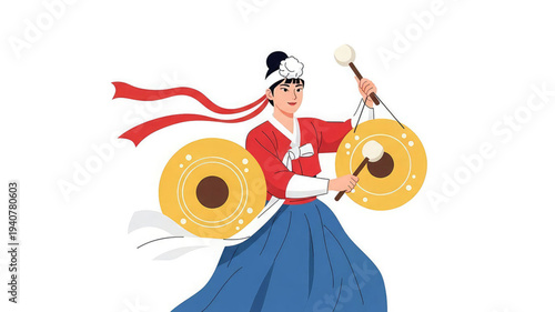 Traditional asian drummer performing with cymbals and drumsticks in vibrant red and blue costume