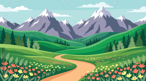 Winding Path Through Vibrant Green Hills and Colorful Wildflowers.