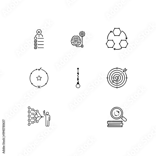 Agentic AI and autonomous workflows linear icon set, AI agents multi-step planning, automated task execution and self-correcting neural networks vector symbols
