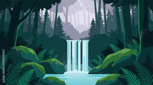 Majestic Waterfall Cascading into a Serene Forest Stream.