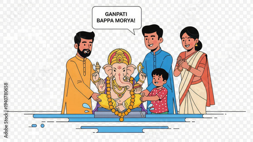 Family celebrates ganesh chaturthi with ganpati idol traditional indian festival
