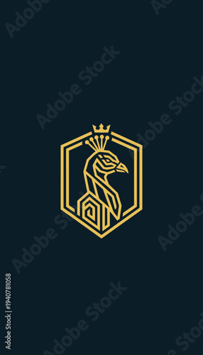 Golden Peacock Logo Design Element Crowned.