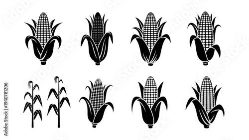 set of black silhouette corn and maize icons simple flat vector illustration.