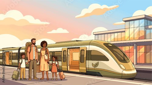 Family with children standing on a train platform ready for travel.