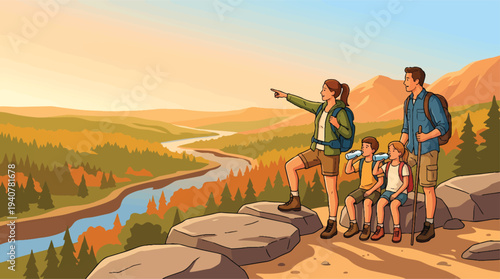 Family of four hikers enjoying a scenic view from a mountain top.